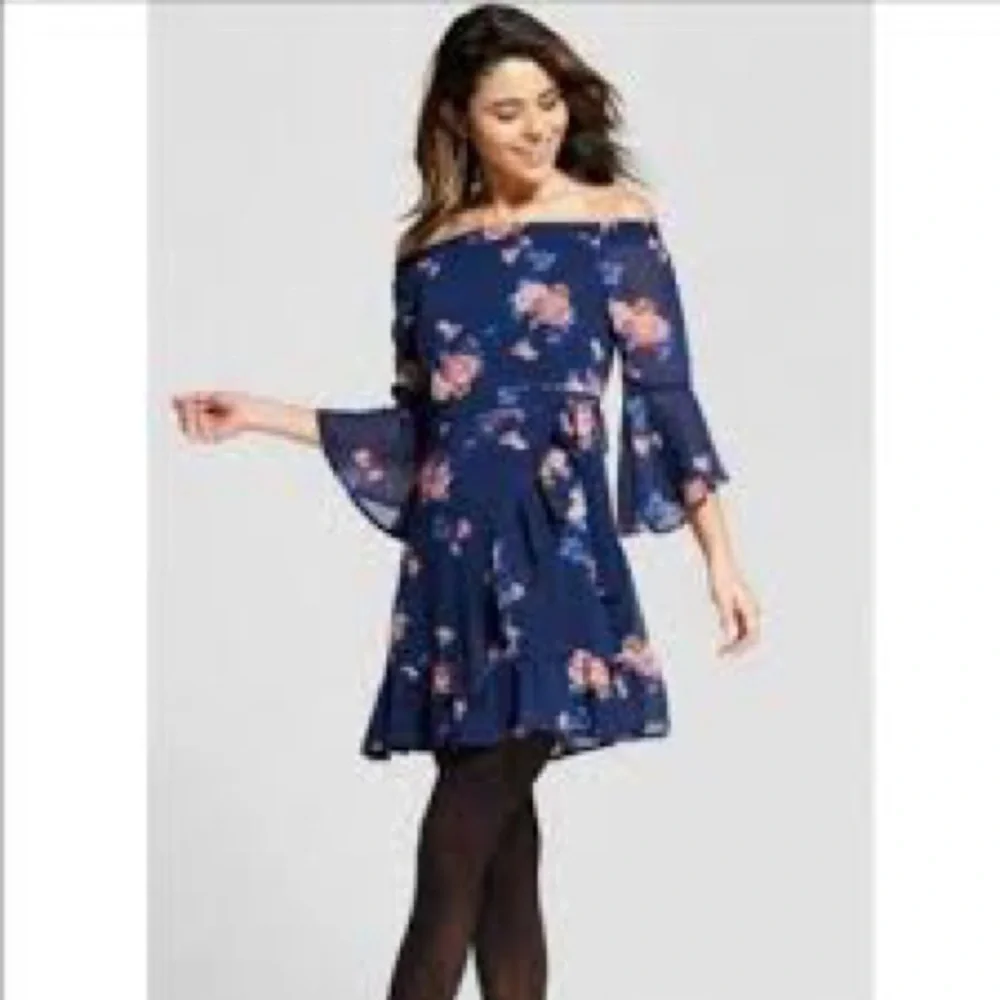 Xhilaration Navy Blue Floral Off-Shoulder Mini Dress - Picture 1 of 5